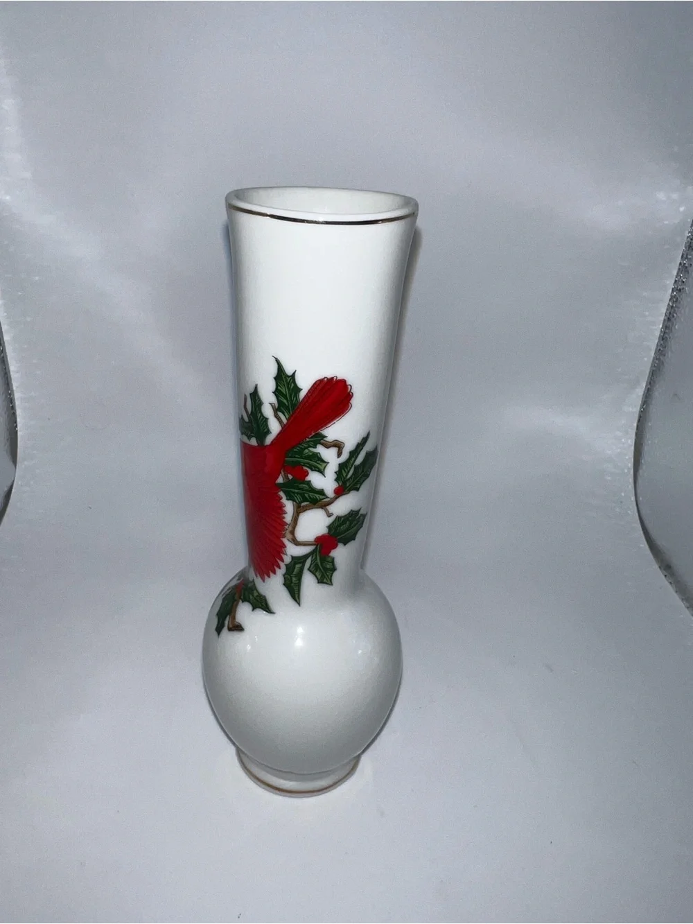 White Porcelain Cardinal Bud Vase with Red Cardinal Accent